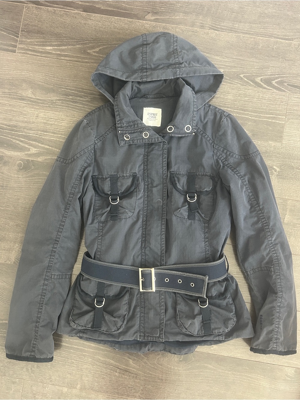 Esprit Y2K Utility Cargo Hooded Belted Jacket Dark Navy Blue / Size Medium